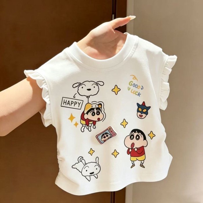 Pure Cotton Cartoon Flying Sleeve Children's T-shirt Baby Girl Short-sleeved T-shirt Girl Cute