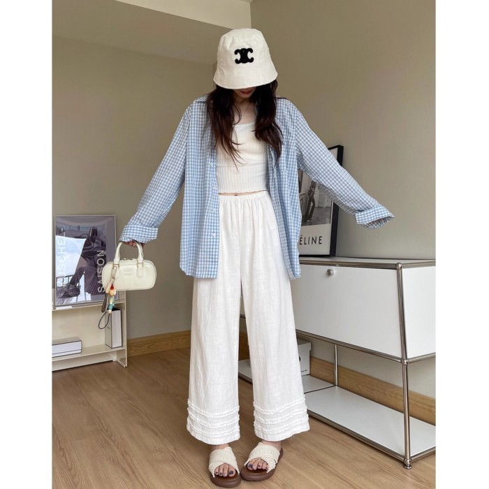 Quần ống rộng ren nấm mùa hè kiểu Hàn Quốc dành cho nữ Quần ống rộng vải lanh chín điểm lưng