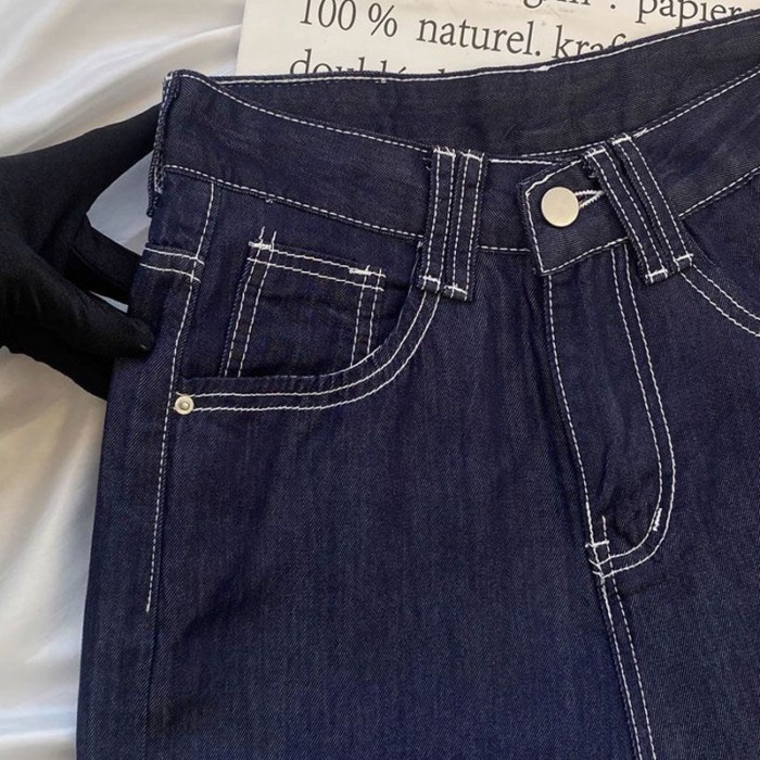 Quần jean ống rộng dành cho nữ mới cỡ lớn da thương hiệu thiết kế denim màu xanh lưng cao dài