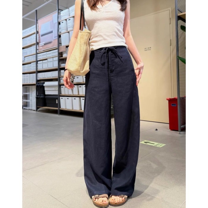 Quần vải lanh nữ, quần chống nắng lụa băng mỏng mùa hè, quần ống rộng cotton và vải lanh cỡ l