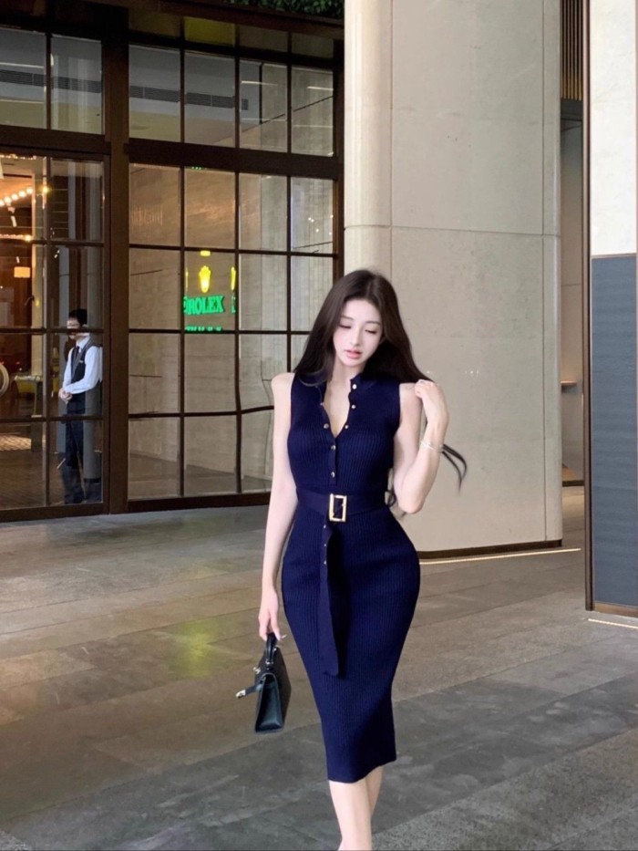 Váy dệt kim không tay váy xẻ eo thon gọn