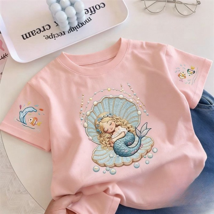 Summer Cartoon Creative Mermaid Imitation Embroidery Printed Short-Sleeved Girls Cute All-Matc