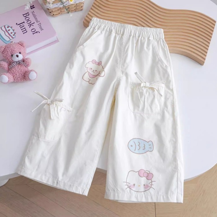 Bé gái phong cách Hàn Quốc nơ ống rộng quần dài in hình động vật nhỏ hoạt hình đa năng