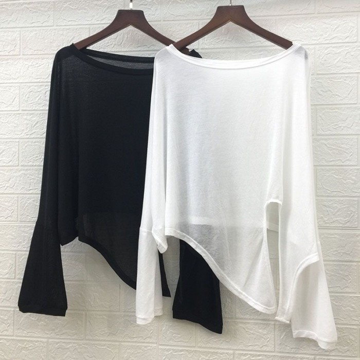 Ice Silk Nữ Mùa Hè Xẻ Không Đều Mới Mỏng Dài Tay Áo Rời Áo Top