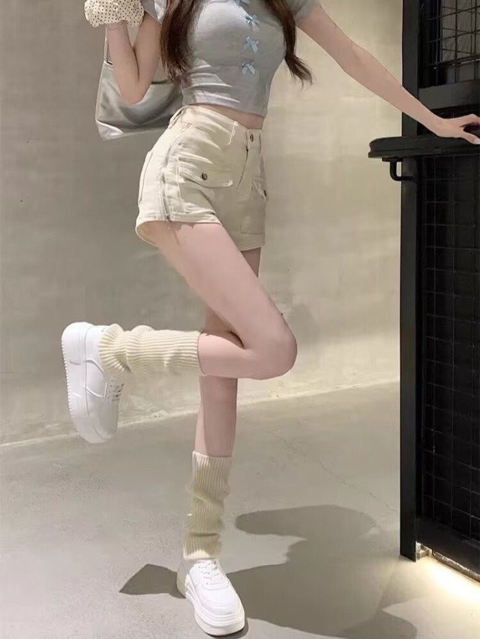 Quần short denim Mỹ dành cho nữ giảm béo và kéo dài chân quần thẳng lưng cao nóng bỏng
