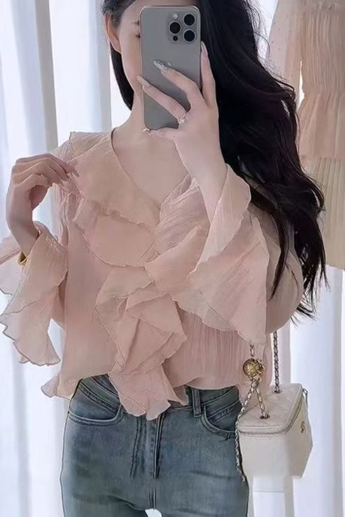 Áo sơ mi nhún bèo hồng nhẹ nhàng độc đáo tay dài Áo sơ mi voan ngọt ngào kiểu Pháp mặc bên ng