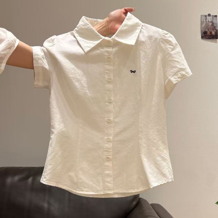 Áo sơ mi tay ngắn thiết kế thêu retro hàn quốc dành cho nữ, hốc cao cấp, áo độc và đẹp