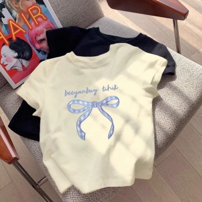 Girls Pure Cotton Short-sleeved T-shirt Summer New Children's Treasure Top Round Neck Versatil