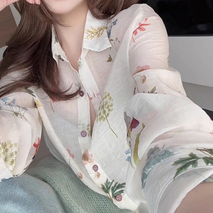 Áo sơ mi hoa độc đáo đẹp mắt áo sơ mi mỏng dài tay mùa hè nữ giảm béo khí chất