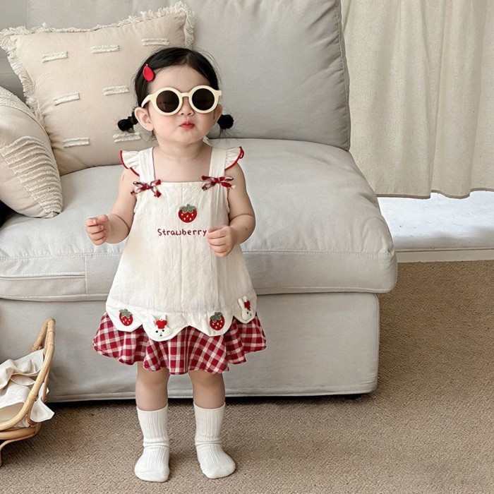 Bé Gái Dâu Suspender Đầm Mùa Hè Kẻ Sọc Nối Đầm Công Chúa Dâu Giữa Váy Không Tay Váy Cotton Ph