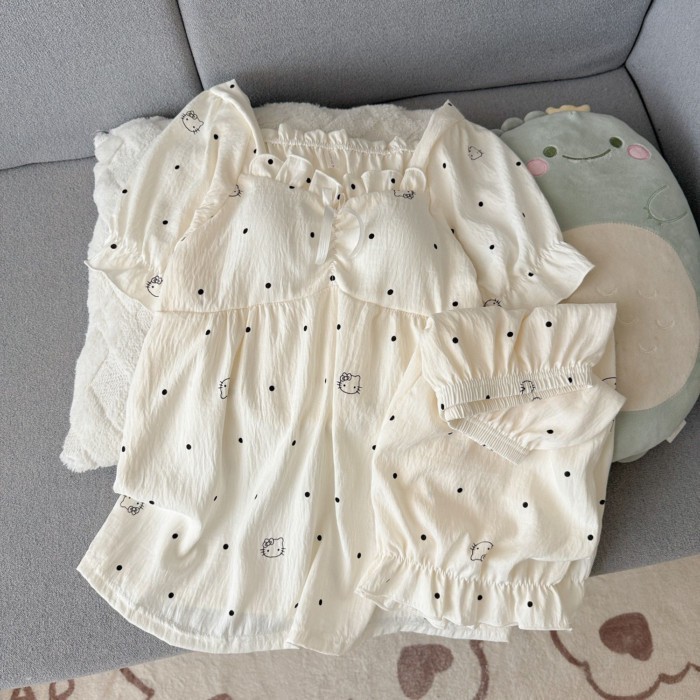 Bộ đồ ngủ mèo KT cotton mềm mại mùa hè chấm bi dành cho nữ có miếng đệm ngực, tay ngắn, phần mỏng,