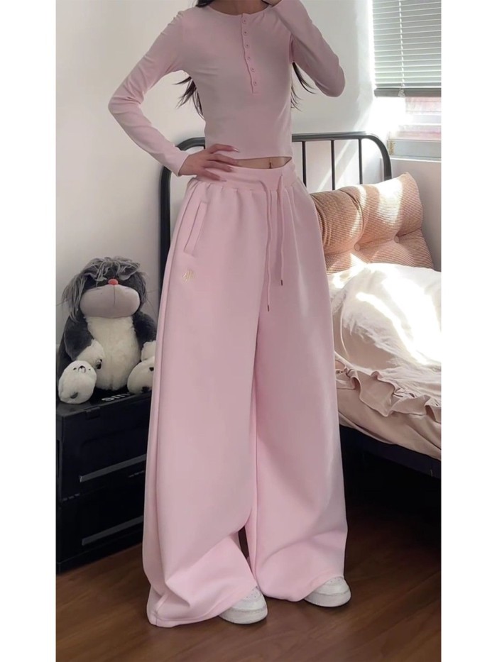 quần ống rộng lưng cao màu hồng ngọt ngào dành cho nữ có dây rút thả quần thể thao quần ống rộng