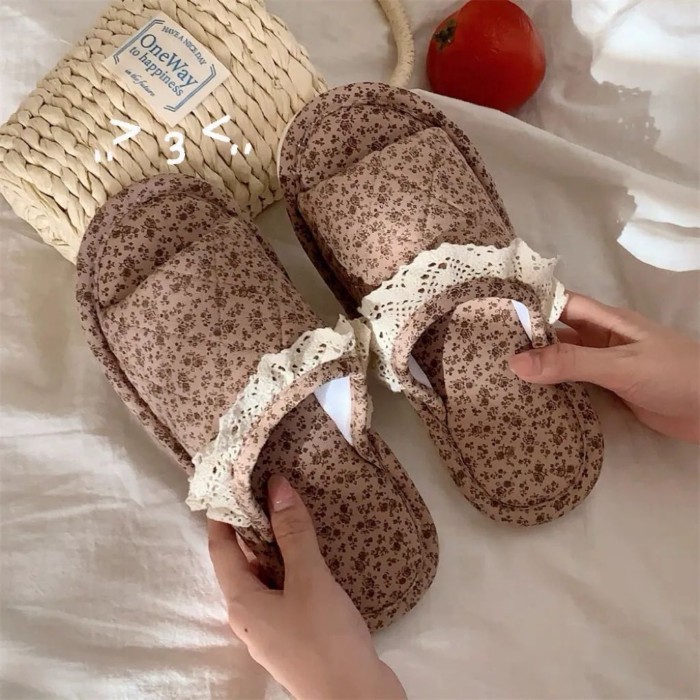 Dép lanh ren hoa, vật dụng không thể thiếu trong nhà, cây lau nhà bốn mùa, thấm mồ hôi, đế mề