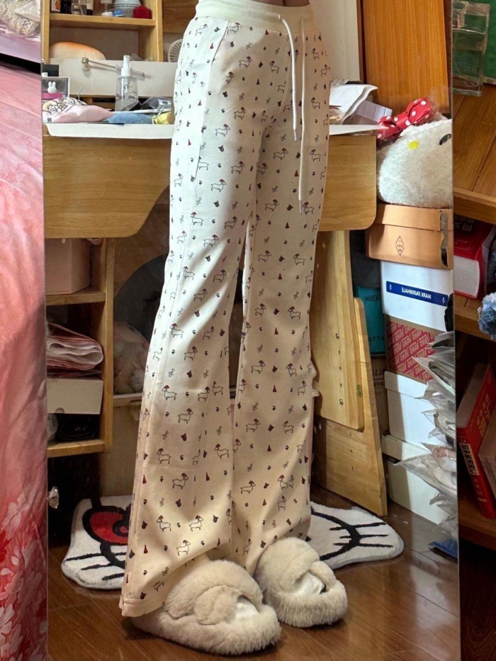 New Style Boot-cut Pants For Women, Cartoon Animal Print, High-waisted, Slim, Versatile, Fash