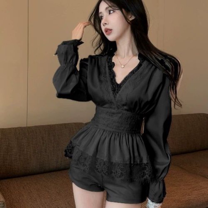 Pháp Chic Hot Girl Ren Cổ Chữ V Satin Áo Sơ Mi Nữ Thiết Kế Hốc Eo Dài Tay