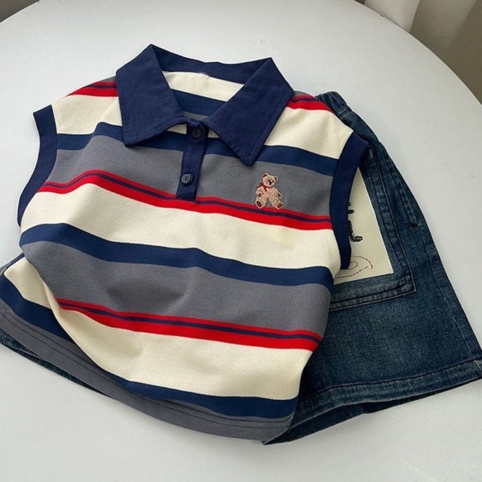 Áo vest polo trẻ em mới, thiết kế thêu gấu, áo thun không tay sọc cho bé trai và bé gái