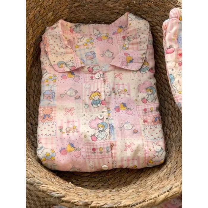 Cô Gái Dễ Thương Màu Hồng Ngọt Ngào In Hình Hoạt Hình Bộ Đồ Ngủ Cardigan Bé Gái Junior Girl P