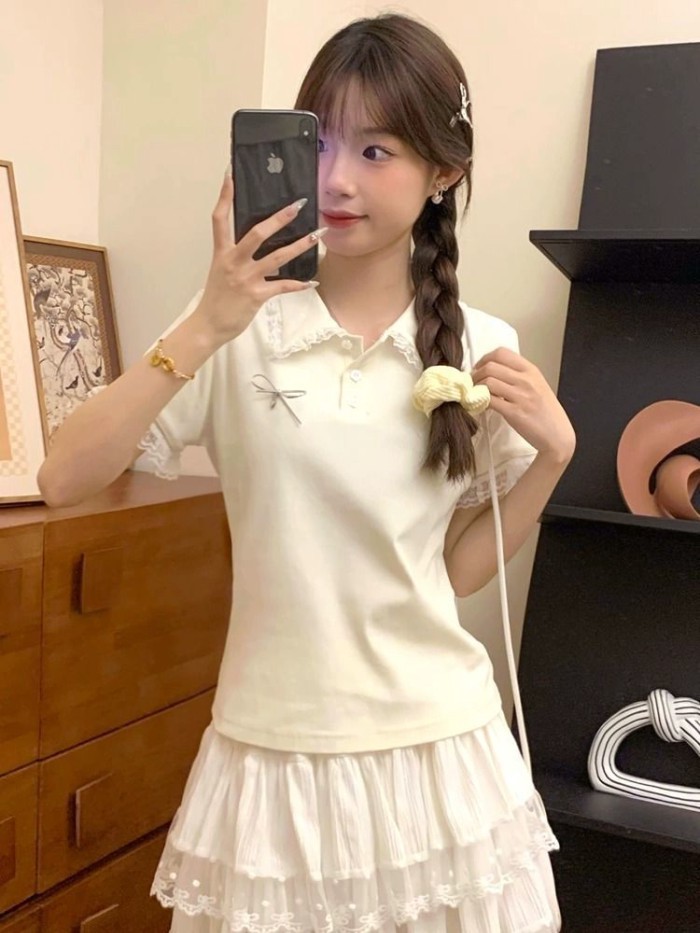 Phong Cách Đại Học Phối Ren Nơ Nối Cổ Polo Tay Ngắn Nữ Mùa Hè Ngọt Ngào Sinh Viên Slim Top