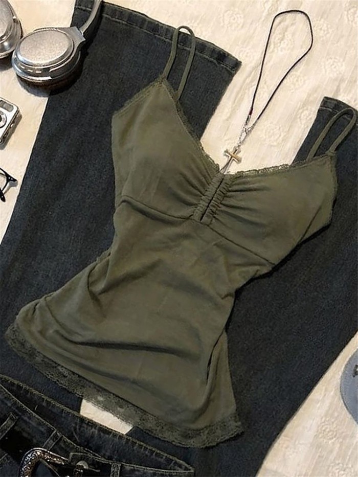 Korean Version Of Green Lace V-neck Camisole For Women Summer New Hot Girl Slimming Sexy Top