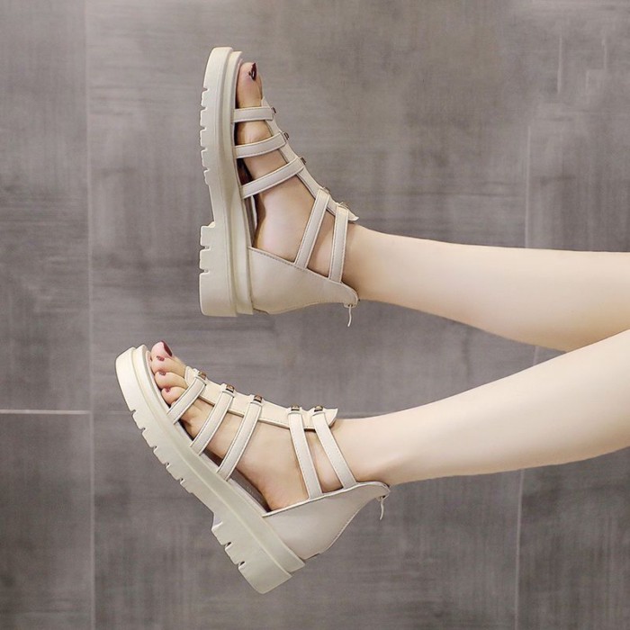 Mùa hè Hàn Quốc mới giày cao gót đế dày đế bánh sandal hở mũi kiểu La Mã thời trang dành cho nữ