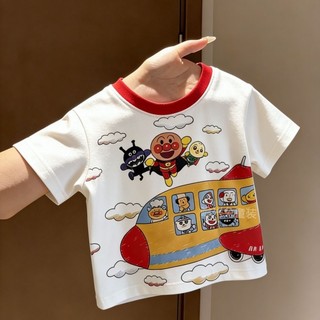 Áo thun ngắn tay anpanman cotton nguyên chất mùa hè dành cho trẻ em in hình hoạt hình màu block