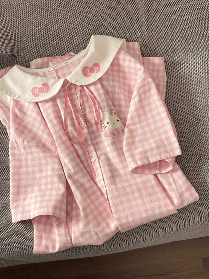 Bộ đồ ngủ mèo KT dễ thương và ngọt ngào, váy ngủ ngắn tay cổ búp bê kiểu mới mùa hè dành cho nữ, vá