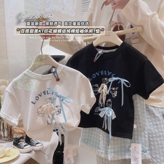 bé gái ngắn tay áo thun cotton nguyên chất cho bé gái nửa tay nơ mặc bên ngoài quần áo trẻ em ca