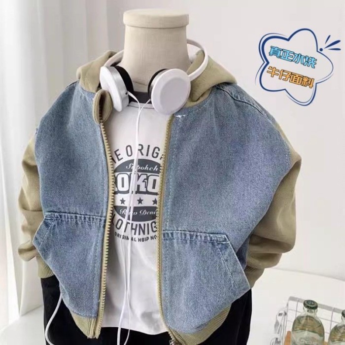 Áo khoác denim bé trai có mũ trùm đầu phong cách Hàn Quốc thời trang mới nhất