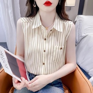 Áo sơ mi voan sọc dành cho nữ thời trang mùa hè mới thích hợp Áo cổ polo không tay kiểu Pháp dàn