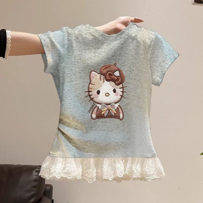 Bé Gái Áo Thun Cotton Mùa Hè Ren Mèo Tay Ngắn Phối Ren Phong Cách Mới Phương Tây In Hình Hoạt Hì