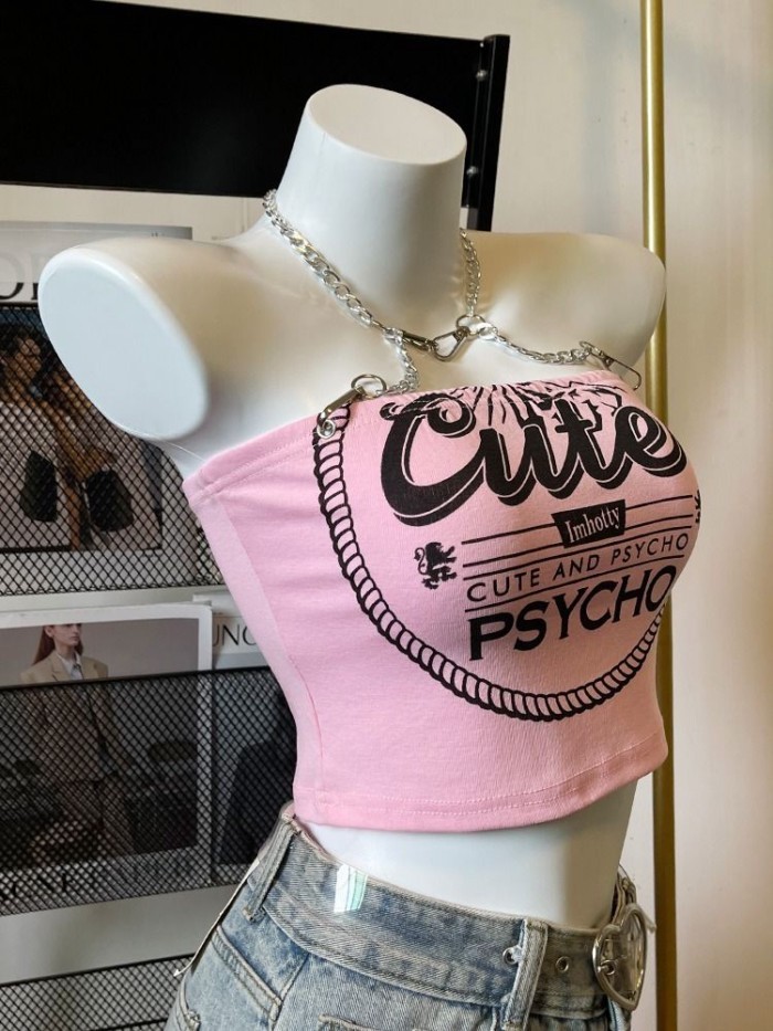 Hot Girl Chain Halter Pink Small Camisole Women's Summer Cool Pure Lust Style Short Bottoming