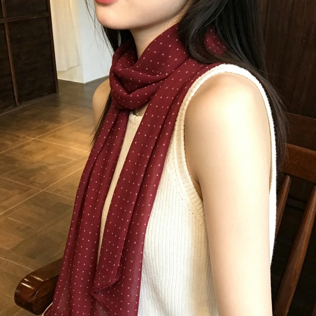 Khăn lụa chấm bi màu đỏ, phong cách mới, dùng làm quàng cổ hoặc băng đô