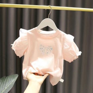 Bé Gái Lưới Nhỏ Bay Tay Bé Gái Tay Phồng Mùa Hè Bé Gái Đính Hạt Cườm Nơ Nguyên Chất Áo Thun Cotton