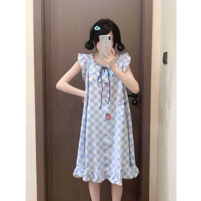 in họa tiết váy ngủ kẻ sọc đám mây cotton ngọt ngào bong bóng Pháp cotton HelloKitty nữ mùa h