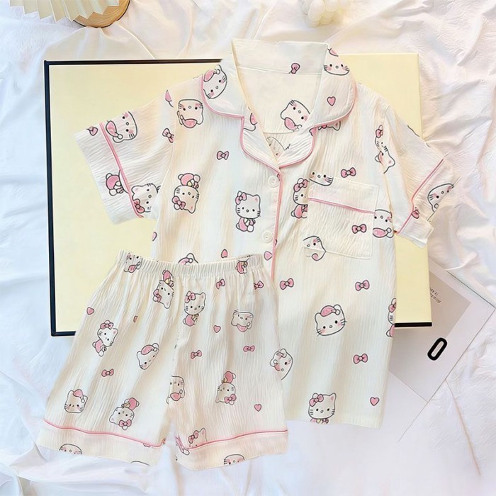 KT Bộ Đồ Ngủ Bé Gái Mèo Phong Cách Dễ Thương Ngắn Tay Mùa Hè Quần Short Cloud Cotton Trẻ Em Bé