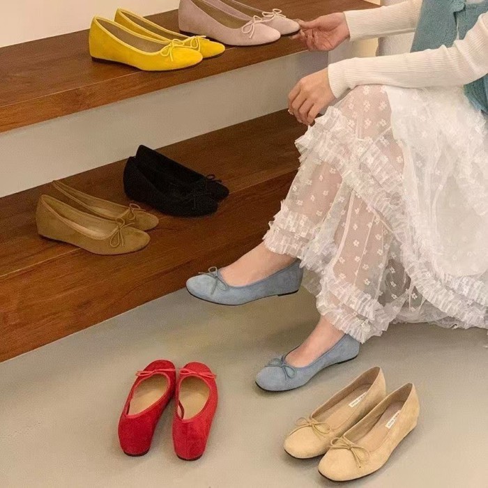 Giày múa ba lê da lộn nữ, giày dạ hội nơ đỏ cho nữ