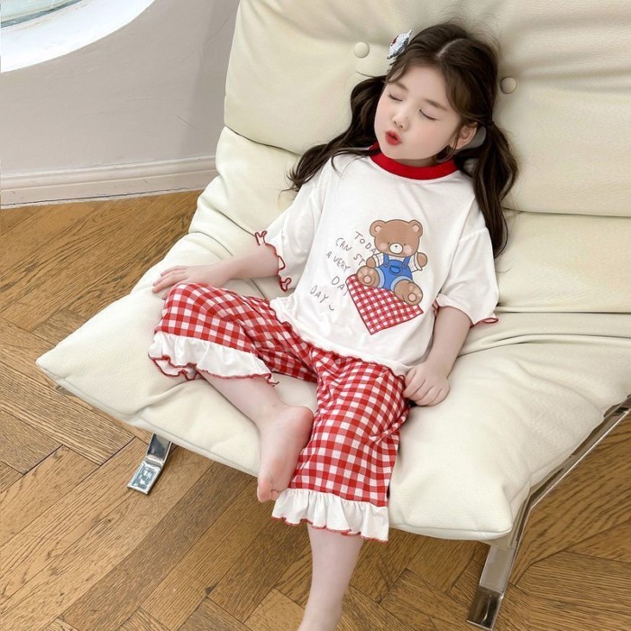 Bộ đồ ngủ bé gái mới, kiểu dây băng dễ thương, bộ đồ ở nhà mỏng phòng điều hòa hai mảnh