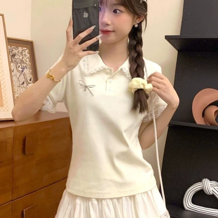 Phong Cách Đại Học Phối Ren Nơ Nối Cổ Polo Tay Ngắn Nữ Mùa Hè Ngọt Ngào Sinh Viên Slim Top