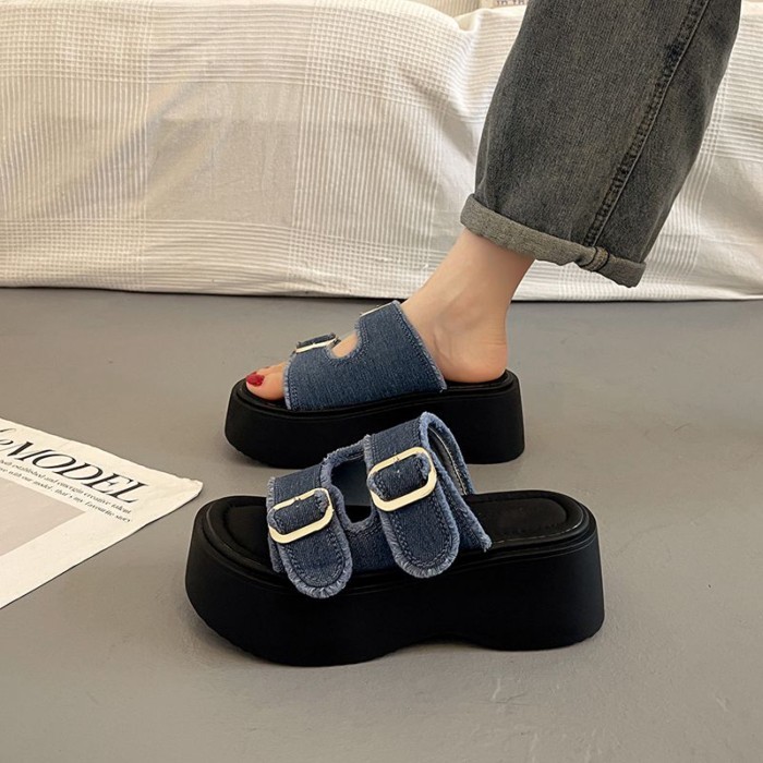 mẫu dép denim tăng chiều cao đa năng mới, dép Roman thể thao, sandal đế dày châu Âu dành cho nữ