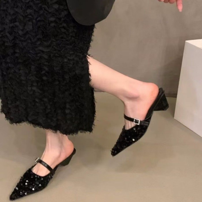 Dép xỏ ngón Baotou dành cho nữ mặc ngoài mùa hè sequin mũi nhọn Mule giày nữ sandal và dép có khóa
