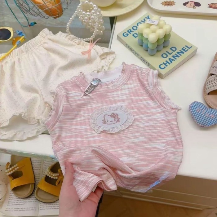 Bộ Đồ Bé Gái Mùa Hè Phong Cách Mới Cho Bé Phong Cách Áo Vest Ren Top Bộ Hai Món Trẻ Em