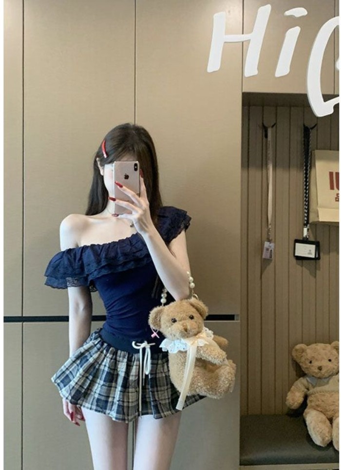 Pure Desire Hot Girl Áo thun trễ vai phối ren cho nữ mùa hè Áo ngắn trễ vai độc đáo và sang t