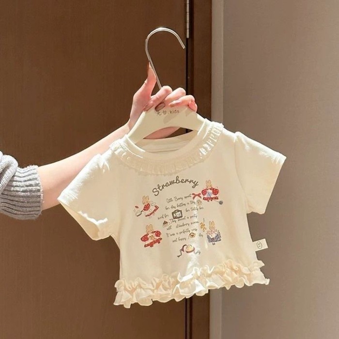 Áo thun trắng tay ngắn in hình hoạt hình ngọt ngào dễ thương dành cho nữ kèm khuyên tai xù