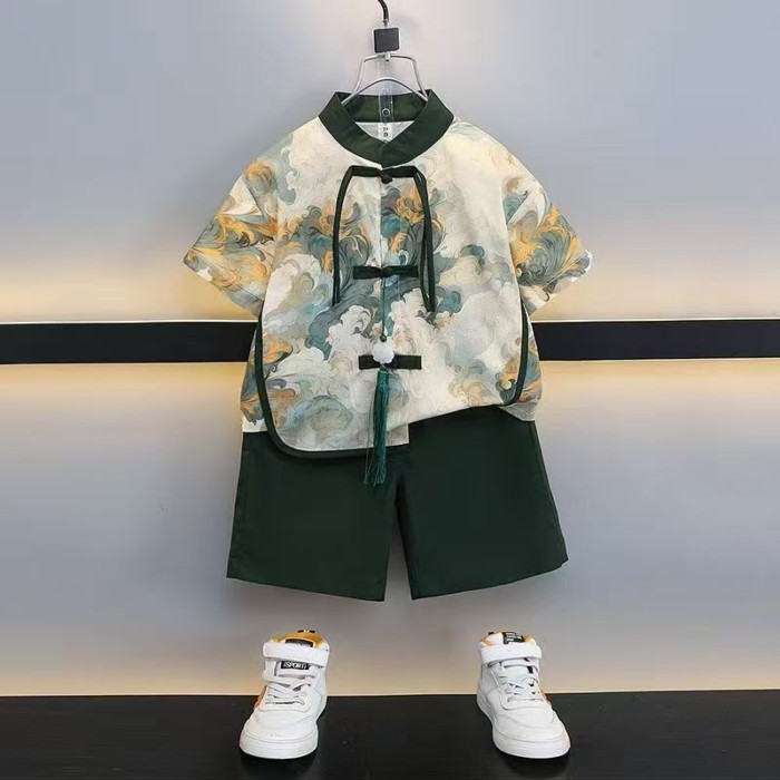 Bộ đồ hanfu bé trai mới Áo ngắn tay hai mảnh Phong cách đường phố Trung Hoa trẻ em