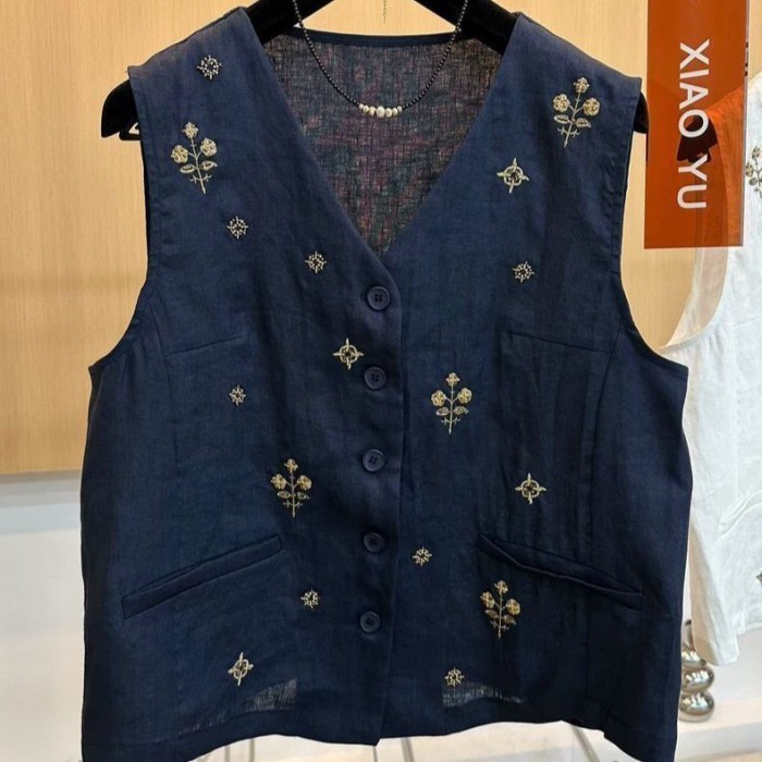 Cotton và vải lanh phong cách retro công nghiệp nặng thêu áo vest nữ mùa hè cao cấp dáng rộng