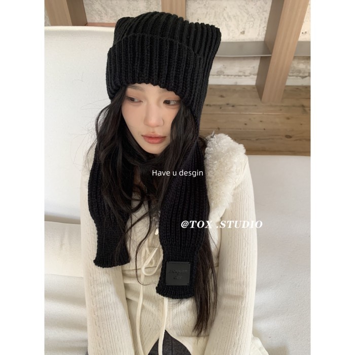 Have u desgin Đơn Giản Màu Trơn Len Dày Dệt Kim Mèo Con Dây Tai Bảo Vệ Tai Mũ Playful Tất Cả Trận Đấu Mũ