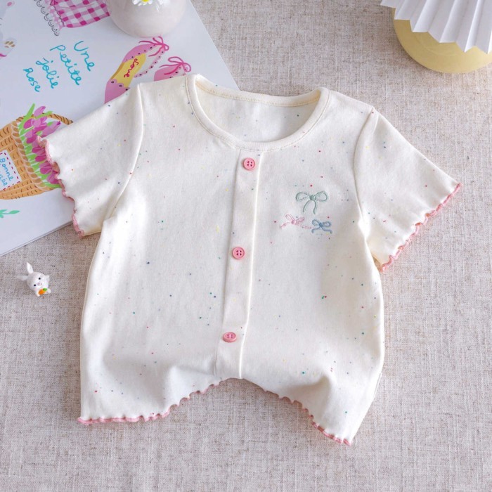 Áo thun ngắn tay đáng yêu cho bé gái, thiết kế nơ màu sắc tương phản, áo cổ tròn mỏng trẻ em