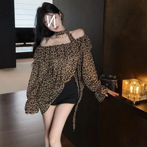 Váy xòe một vai họa tiết da báo dành cho nữ, áo dây buộc eo, váy ngắn to đẹp