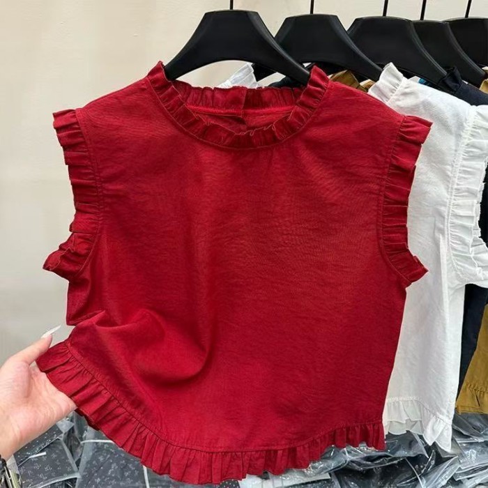 Áo sơ mi không tay phối ren cổ tròn đa năng mùa hè mới phong cách Hàn Quốc dành cho nữ Áo dáng r