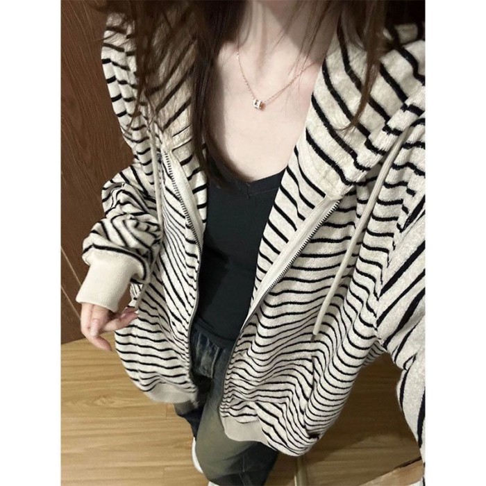 Áo khoác cardigan sọc phong cách Harajuku Hàn Quốc của phụ nữ có mũ trùm đầu thường ngày